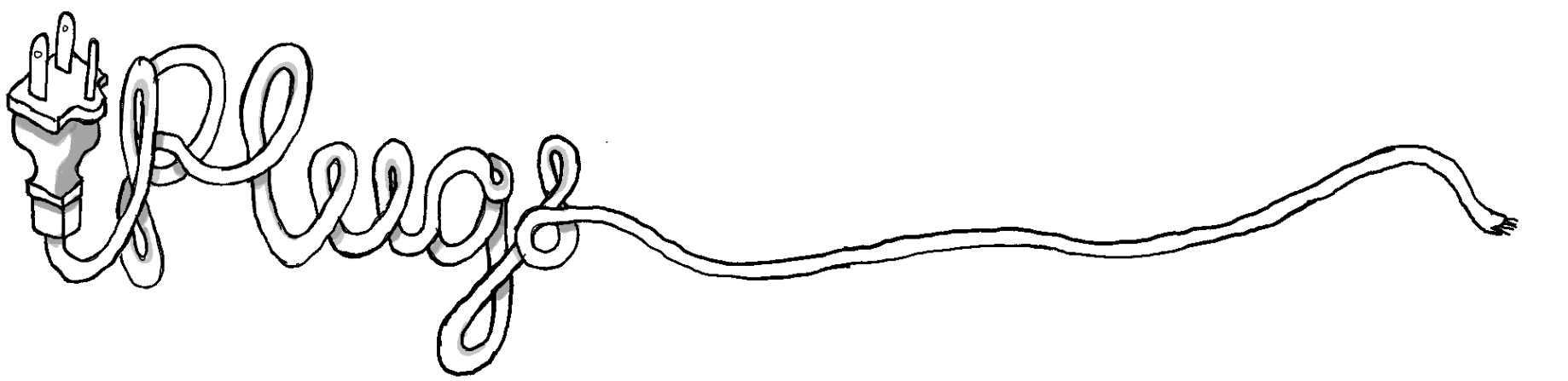 An image of a three-pronged plug, with the wire twisted around itself to spell the word "Plugs" before it trails off into a frayed end.