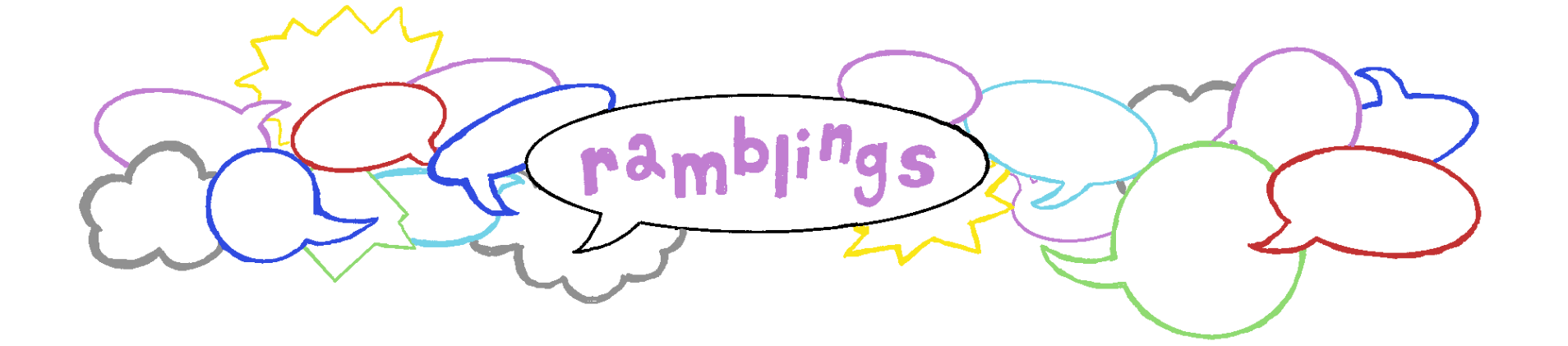 A series of multicoloured speech bubbles surround a single central speech bubbles that reads "ramblings"